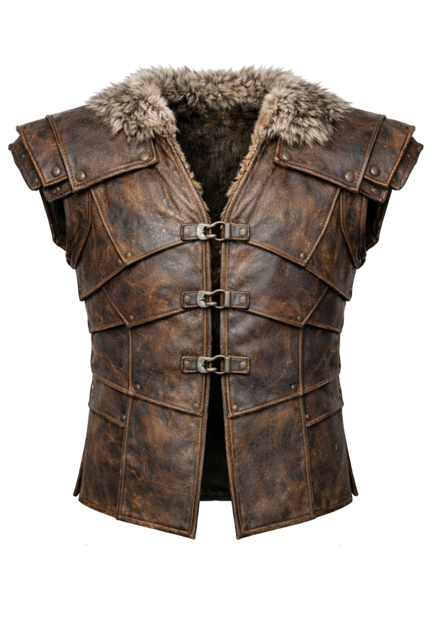 Brown sleeveless medieval Viking vest with layered riveted panels, wide fur collar, extended hem, and buckled rear construction