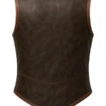 Dark brown sleeveless medieval Viking warrior vest with lighter brown trim, rounded neckline, shaped panels, pointed hem, and rear lace detailing.
