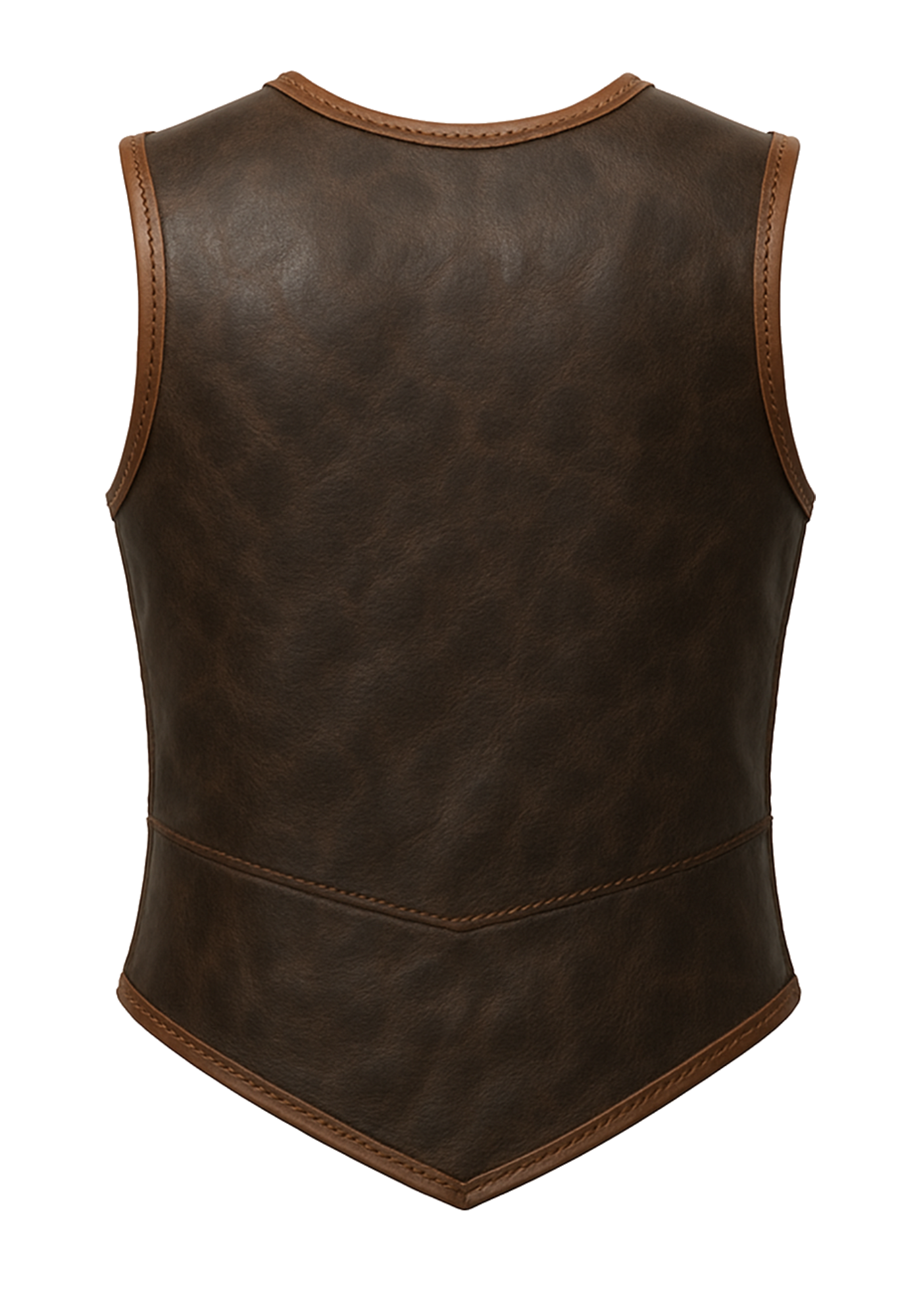 Dark brown sleeveless medieval Viking warrior vest with lighter brown trim, rounded neckline, shaped panels, pointed hem, and rear lace detailing.