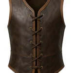 Dark brown sleeveless medieval Viking warrior vest with lighter brown trim, rounded neckline, shaped panels, pointed hem, and rear lace detailing.