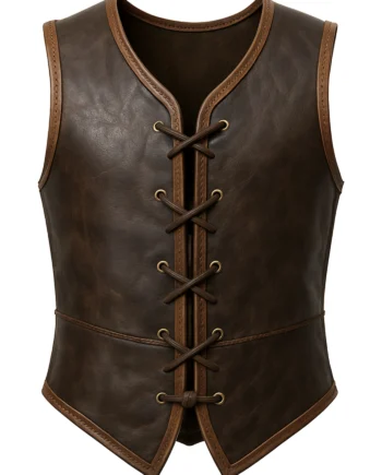Dark brown sleeveless medieval Viking warrior vest with lighter brown trim, rounded neckline, shaped panels, pointed hem, and rear lace detailing.