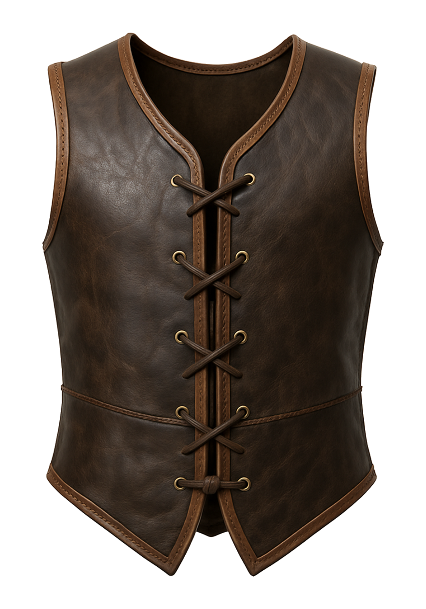 Dark brown sleeveless medieval Viking warrior vest with lighter brown trim, rounded neckline, shaped panels, pointed hem, and rear lace detailing.
