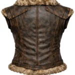 Brown sleeveless Nordic warrior inspired vest with tan fur collar and hem, front zipper, shoulder flaps, and lace-up rear detail