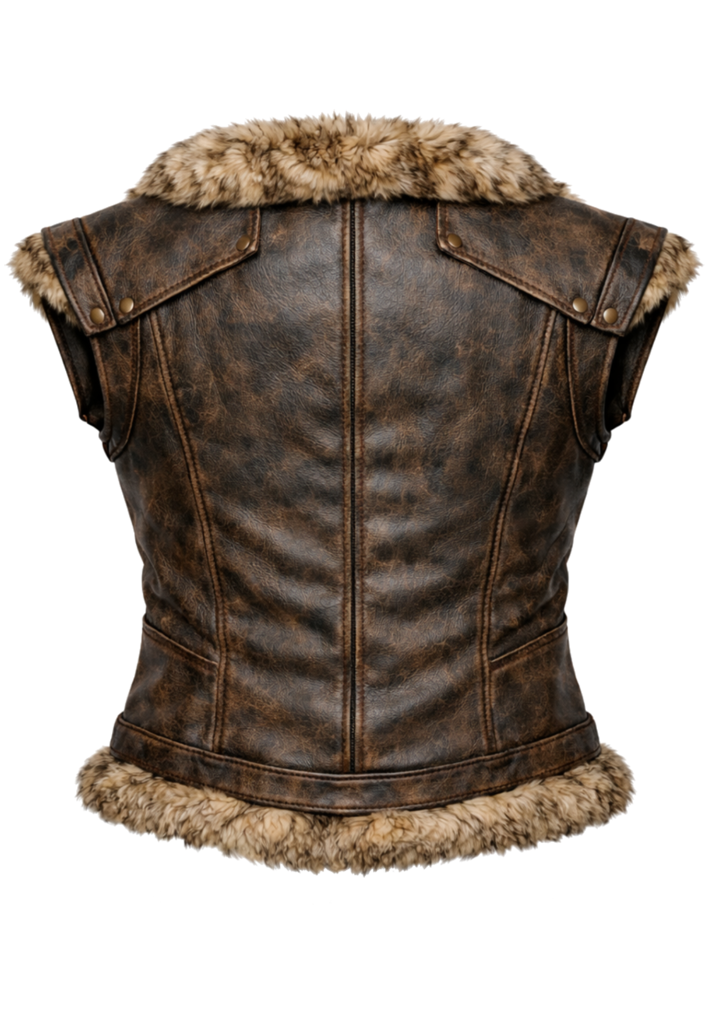 Brown sleeveless Nordic warrior inspired vest with tan fur collar and hem, front zipper, shoulder flaps, and lace-up rear detail