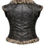 Brown sleeveless Nordic warrior inspired vest with tan fur collar and hem, front zipper, shoulder flaps, and lace-up rear detail