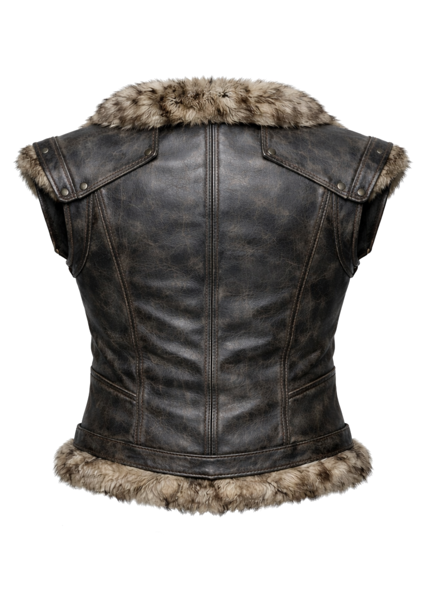 Brown sleeveless Nordic warrior inspired vest with tan fur collar and hem, front zipper, shoulder flaps, and lace-up rear detail