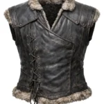 Brown sleeveless Nordic warrior inspired vest with tan fur collar and hem, front zipper, shoulder flaps, and lace-up rear detail