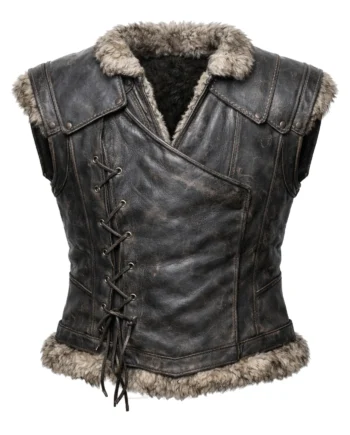 Brown sleeveless Nordic warrior inspired vest with tan fur collar and hem, front zipper, shoulder flaps, and lace-up rear detail