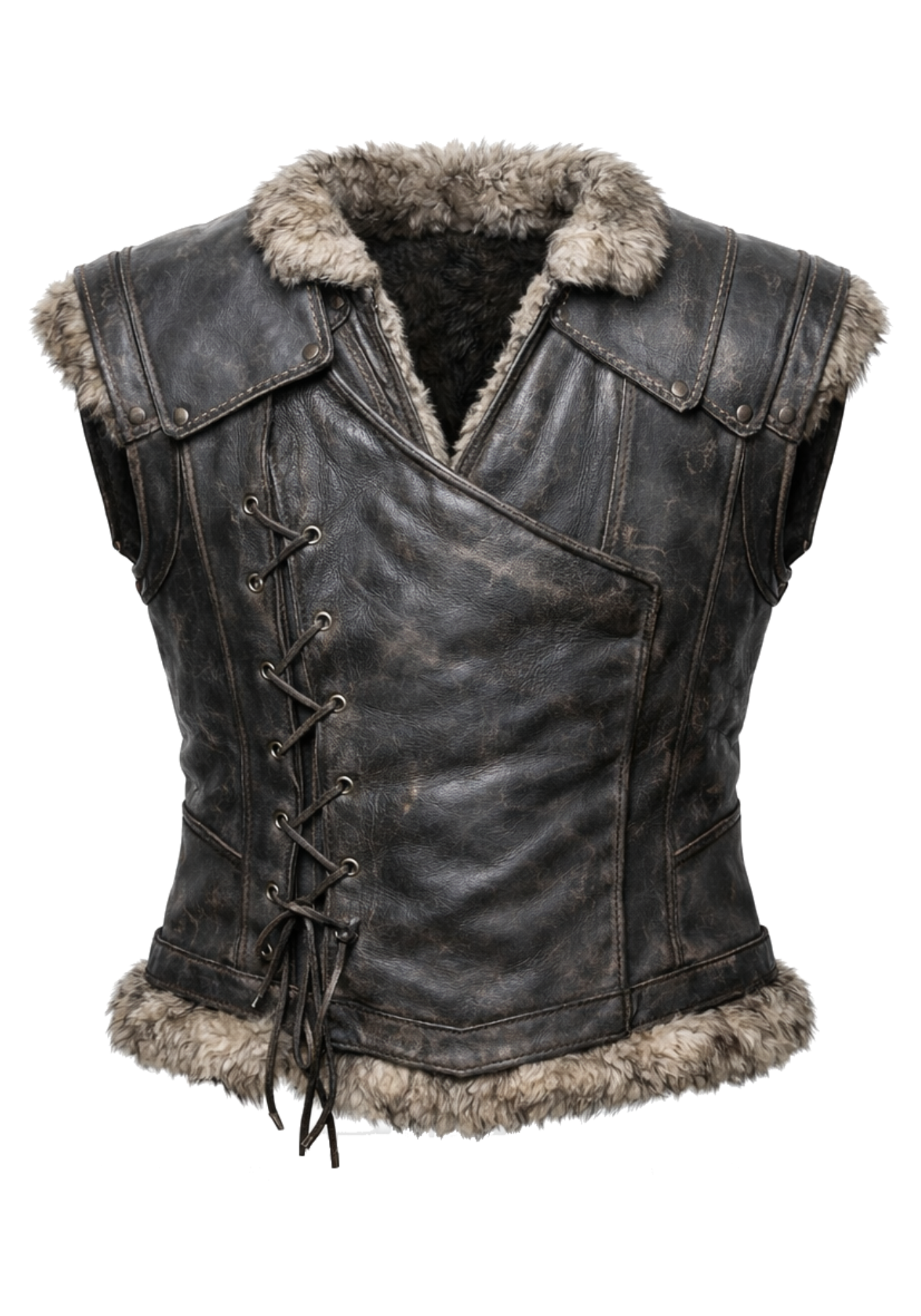 Brown sleeveless Nordic warrior inspired vest with tan fur collar and hem, front zipper, shoulder flaps, and lace-up rear detail