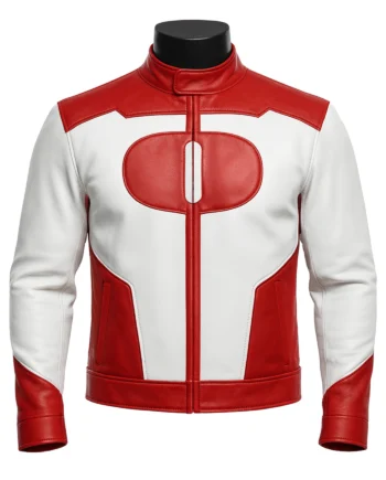 White and red Omni-Man inspired leather-style jacket with stand collar, contrast shoulder panels, long sleeves, and structured short shape