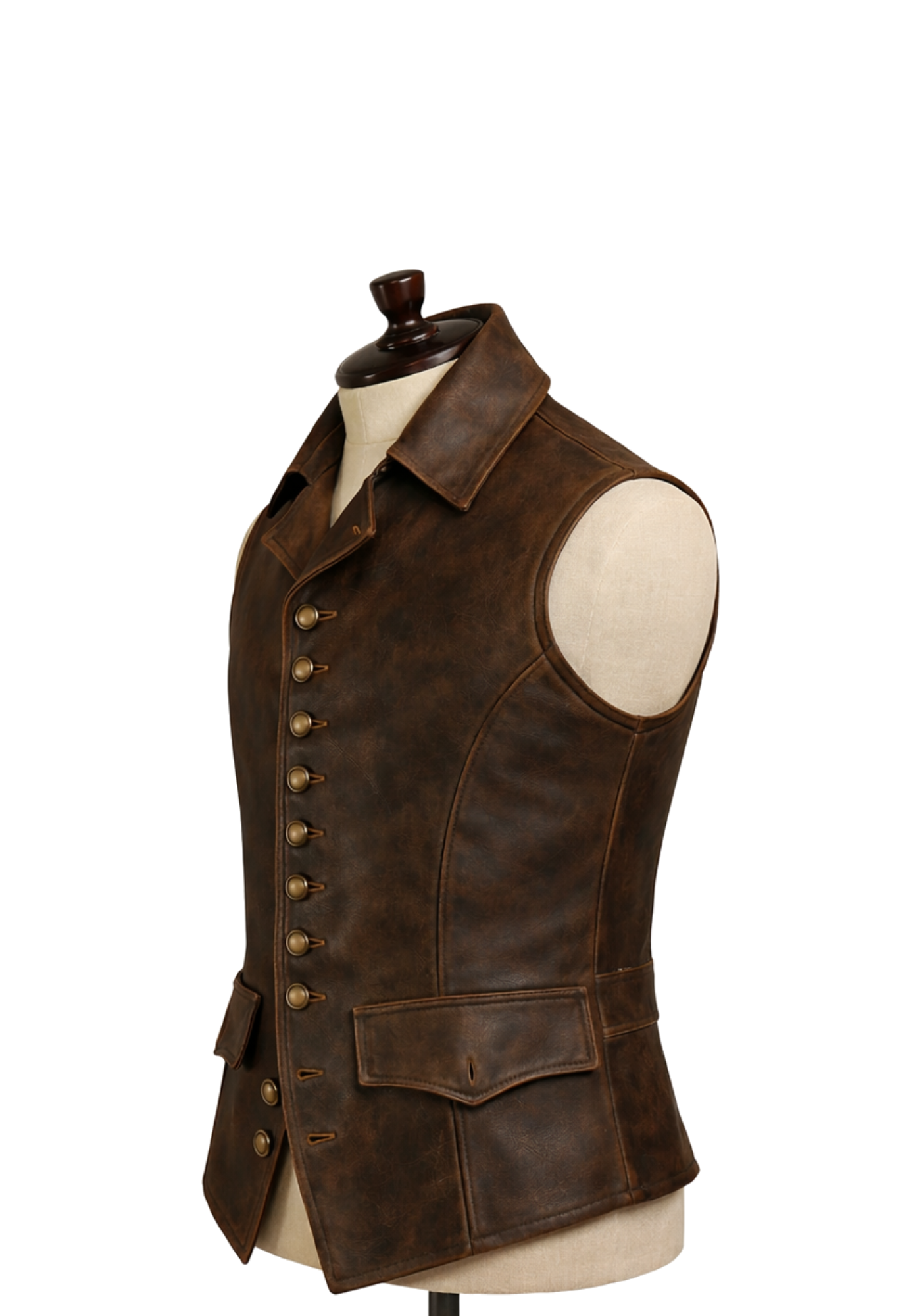 Brown sleeveless pirate-inspired leather vest with lapel collar, button front, flap pockets, stitched panels, and shaped waist