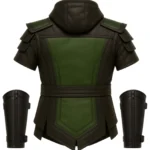 Black and green Reptile-inspired Mortal Kombat vest with hood, angular panels, waist belt, short sleeves, and matching bracers