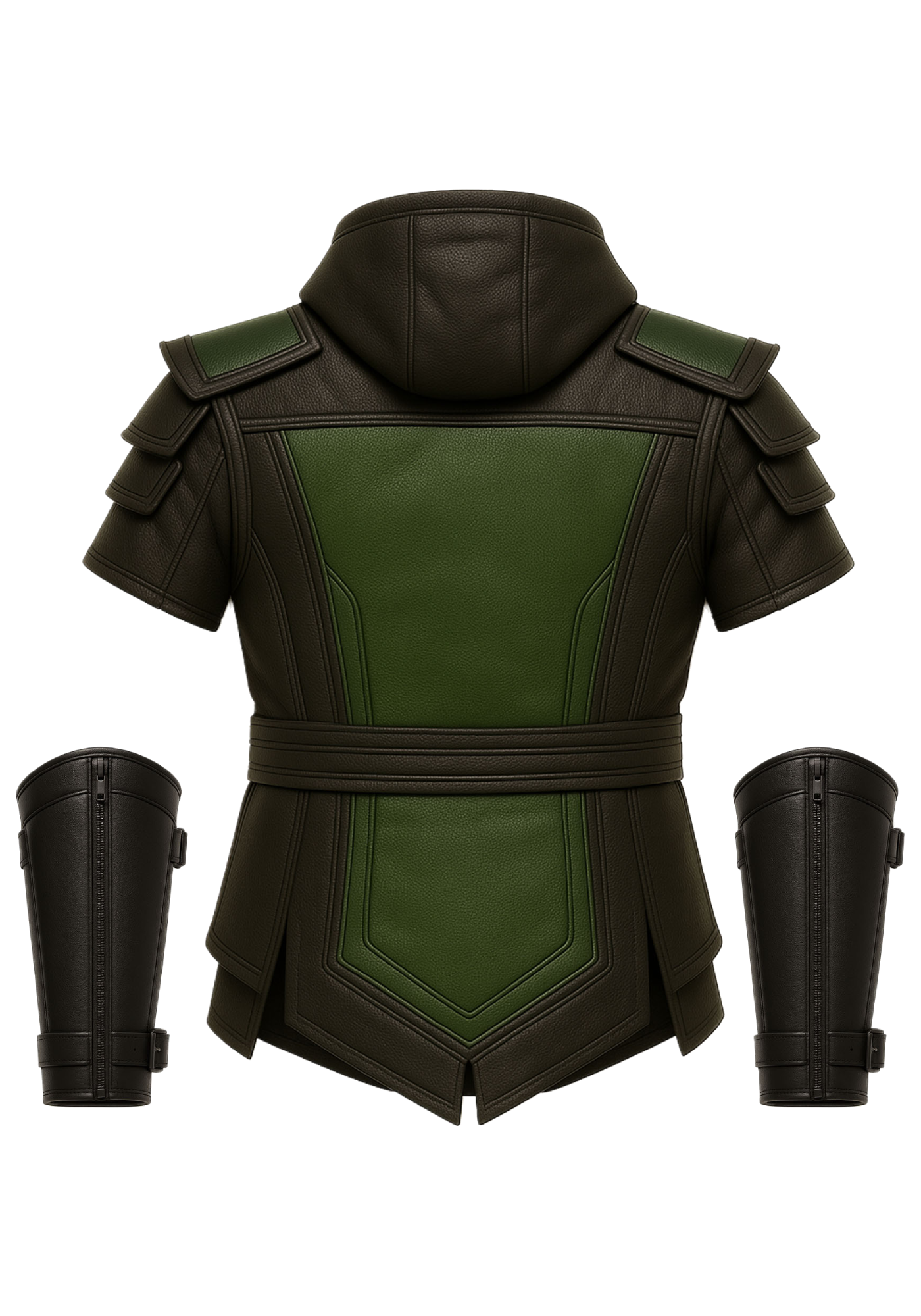 Black and green Reptile-inspired Mortal Kombat vest with hood, angular panels, waist belt, short sleeves, and matching bracers