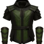 Black and green Reptile-inspired Mortal Kombat vest with hood, angular panels, waist belt, short sleeves, and matching bracers
