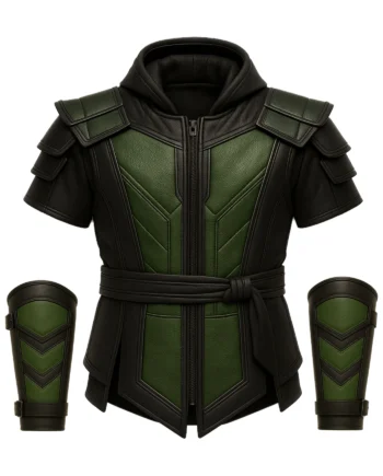 Black and green Reptile-inspired Mortal Kombat vest with hood, angular panels, waist belt, short sleeves, and matching bracers