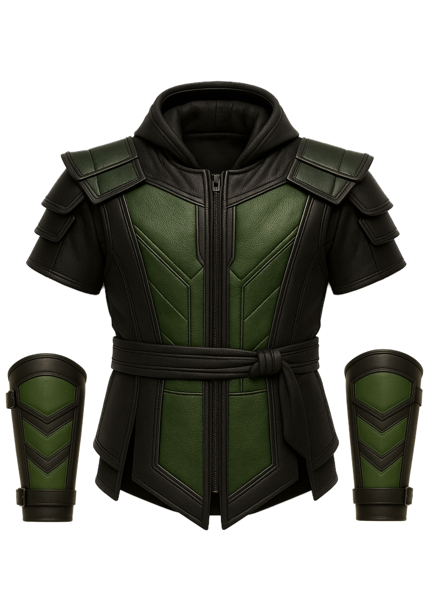 Black and green Reptile-inspired Mortal Kombat vest with hood, angular panels, waist belt, short sleeves, and matching bracers