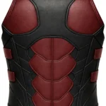 Robin-inspired sleeveless tactical vest in black and burgundy with outlined torso panels, gold accents, shoulder tabs, and a rear zipper