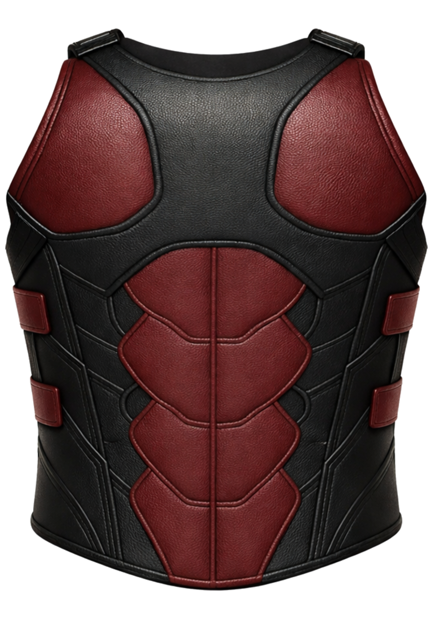 Robin-inspired sleeveless tactical vest in black and burgundy with outlined torso panels, gold accents, shoulder tabs, and a rear zipper