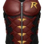 Robin-inspired sleeveless tactical vest in black and burgundy with outlined torso panels, gold accents, shoulder tabs, and a rear zipper