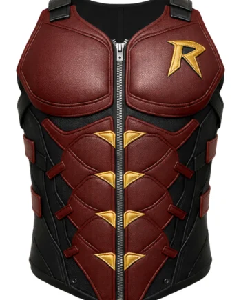 Robin-inspired sleeveless tactical vest in black and burgundy with outlined torso panels, gold accents, shoulder tabs, and a rear zipper