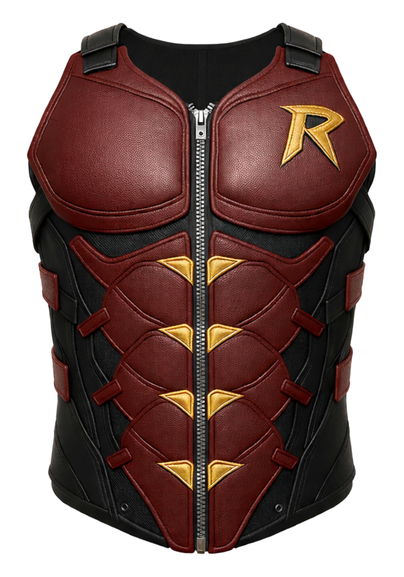 Robin-inspired sleeveless tactical vest in black and burgundy with outlined torso panels, gold accents, shoulder tabs, and a rear zipper