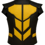 Black and yellow sleeveless Scorpion-inspired vest with stand collar, angular panels, shoulder overlays, black trim, and structured hem