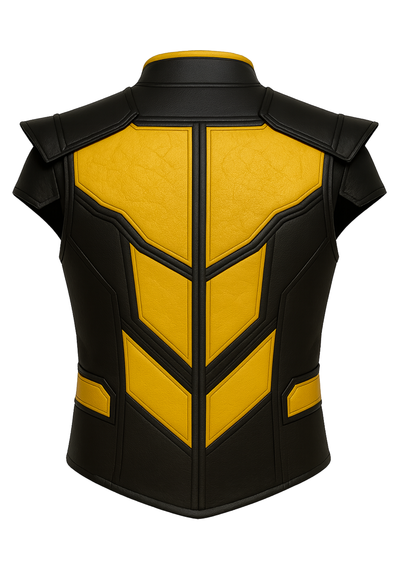 Black and yellow sleeveless Scorpion-inspired vest with stand collar, angular panels, shoulder overlays, black trim, and structured hem