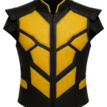 Black and yellow sleeveless Scorpion-inspired vest with stand collar, angular panels, shoulder overlays, black trim, and structured hem