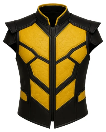 Black and yellow sleeveless Scorpion-inspired vest with stand collar, angular panels, shoulder overlays, black trim, and structured hem