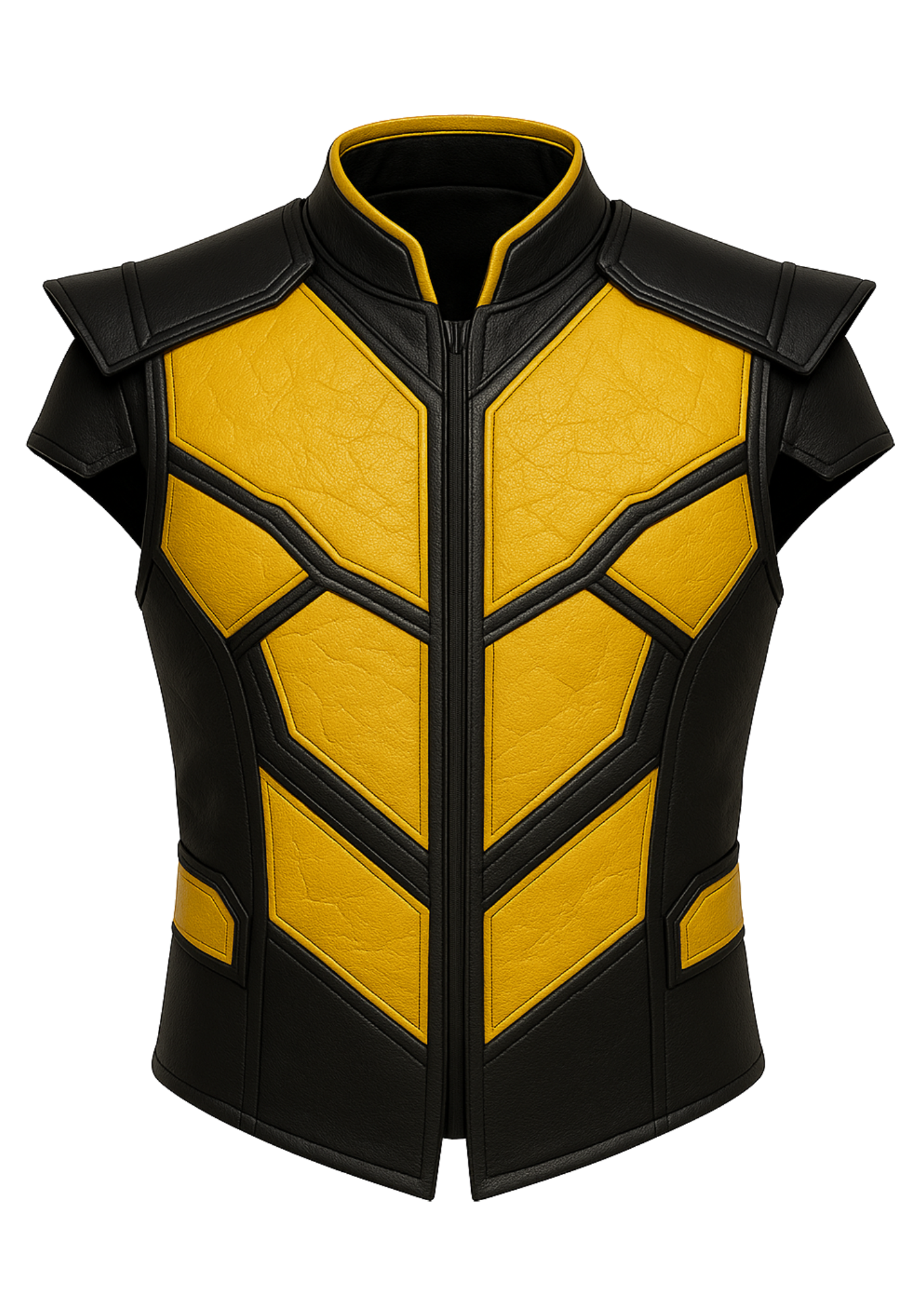 Black and yellow sleeveless Scorpion-inspired vest with stand collar, angular panels, shoulder overlays, black trim, and structured hem