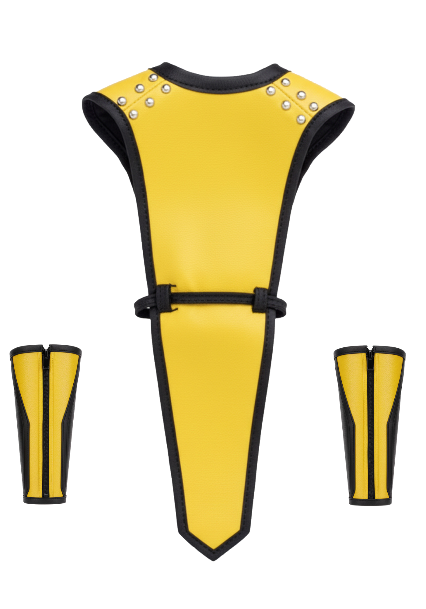 Yellow and black Scorpion-inspired sleeveless vest with pointed panel, studded shoulders, waist ties, and matching zippered bracers