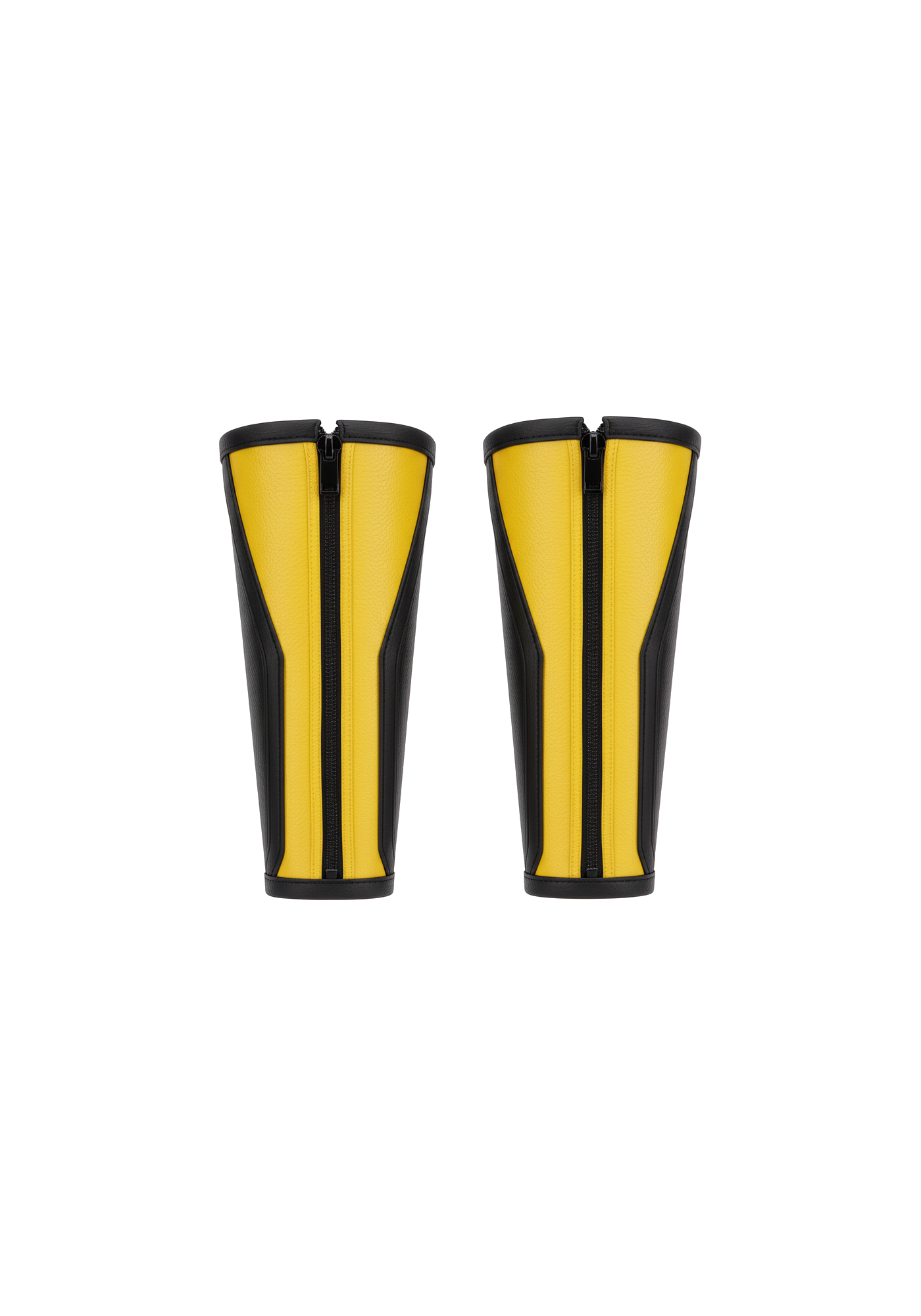 Yellow and black Scorpion-inspired sleeveless vest with pointed panel, studded shoulders, waist ties, and matching zippered bracers