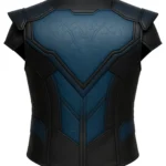 Black and blue sleeveless Sub-Zero inspired leather-style vest with raised collar, angular panels, shoulder overlays, and structured body shape