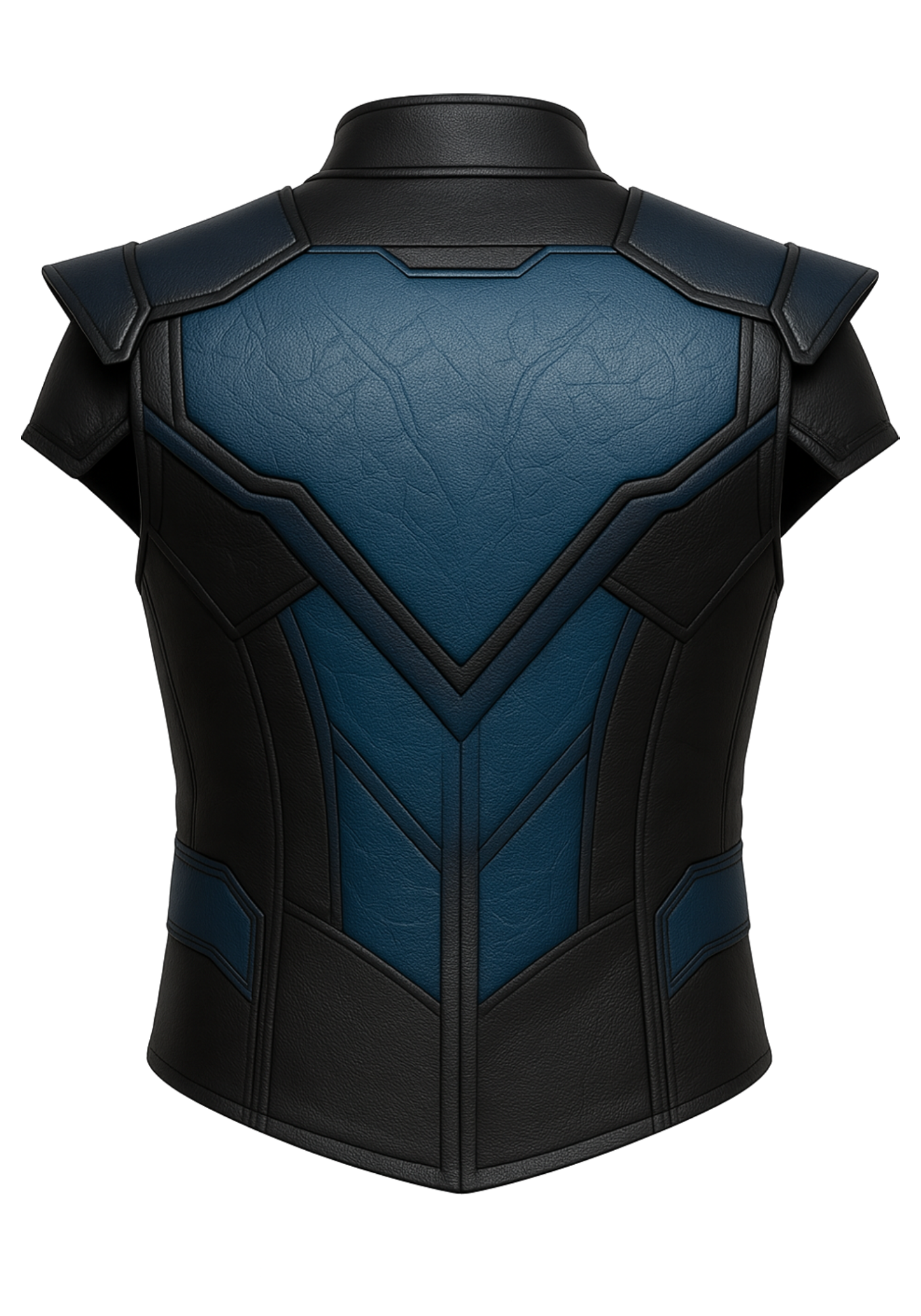 Black and blue sleeveless Sub-Zero inspired leather-style vest with raised collar, angular panels, shoulder overlays, and structured body shape