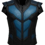 Black and blue sleeveless Sub-Zero inspired leather-style vest with raised collar, angular panels, shoulder overlays, and structured body shape