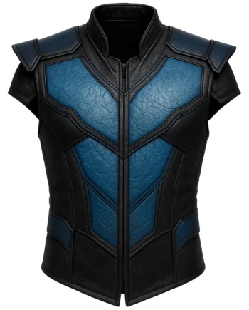 Black and blue sleeveless Sub-Zero inspired leather-style vest with raised collar, angular panels, shoulder overlays, and structured body shape