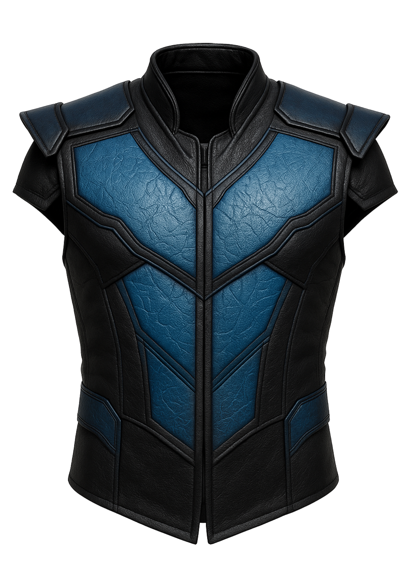 Black and blue sleeveless Sub-Zero inspired leather-style vest with raised collar, angular panels, shoulder overlays, and structured body shape