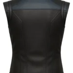 Black and blue sleeveless leather-style vest with stand collar, angular stitched panels, and structured front and back shaping inspired by Sub-Zero