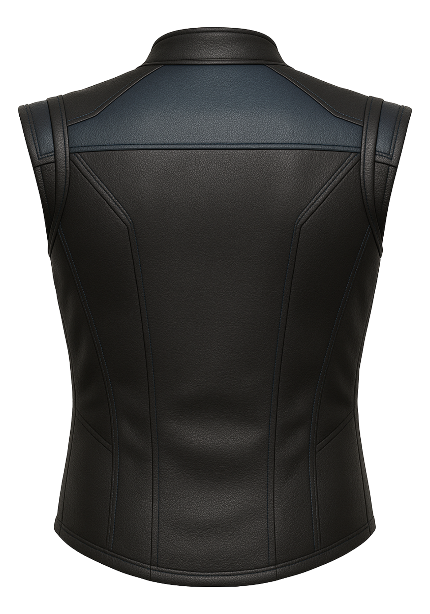 Black and blue sleeveless leather-style vest with stand collar, angular stitched panels, and structured front and back shaping inspired by Sub-Zero