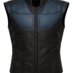 Black and blue sleeveless leather-style vest with stand collar, angular stitched panels, and structured front and back shaping inspired by Sub-Zero