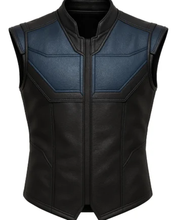 Black and blue sleeveless leather-style vest with stand collar, angular stitched panels, and structured front and back shaping inspired by Sub-Zero