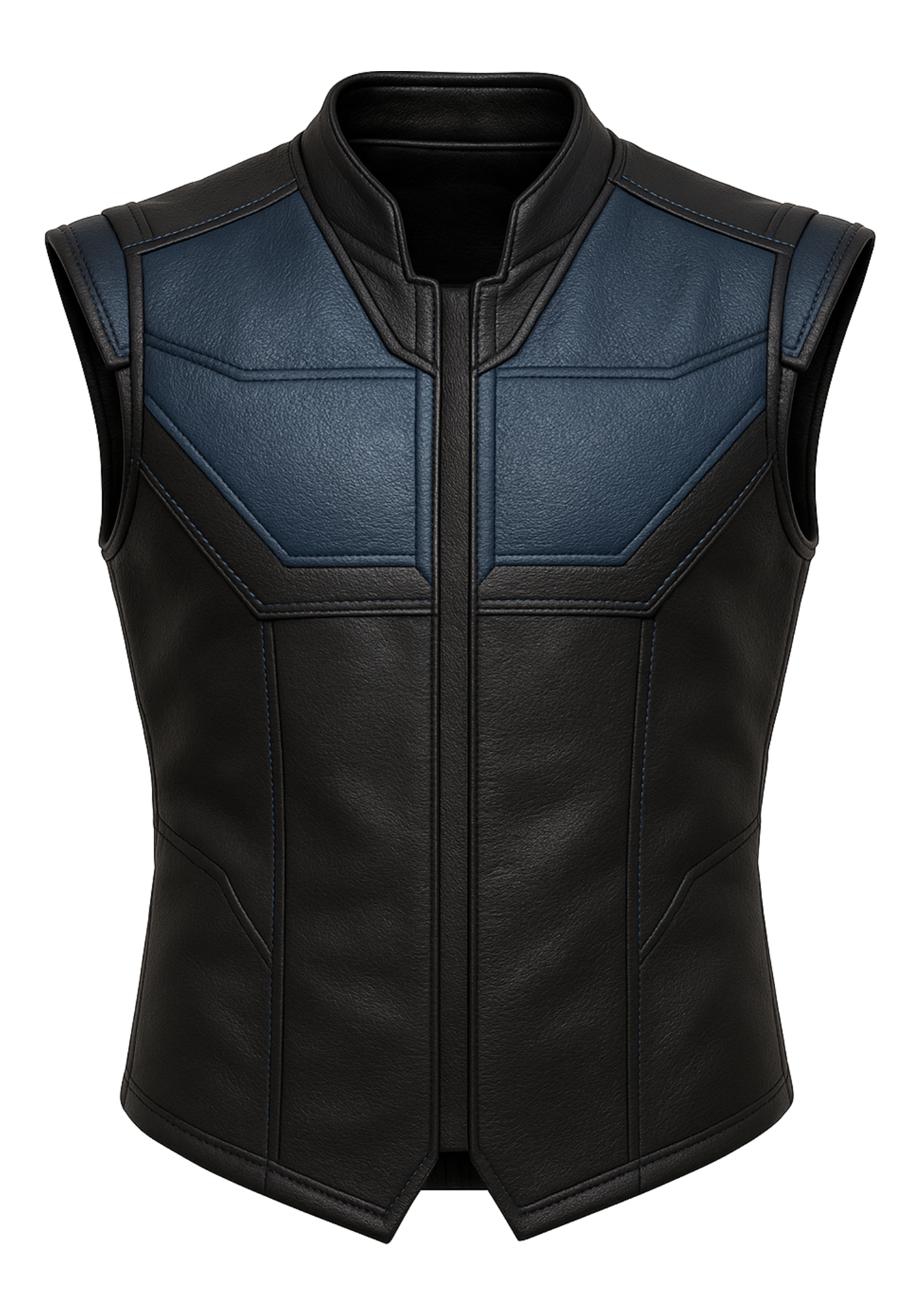 Black and blue sleeveless leather-style vest with stand collar, angular stitched panels, and structured front and back shaping inspired by Sub-Zero