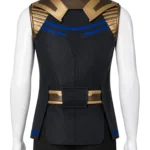 Black sleeveless Thanos-inspired vest with gold trim, blue bands, raised collar, angular front panels, and extended rear construction