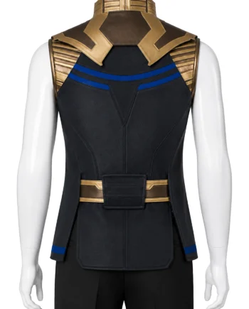 Black sleeveless Thanos-inspired vest with gold trim, blue bands, raised collar, angular front panels, and extended rear construction