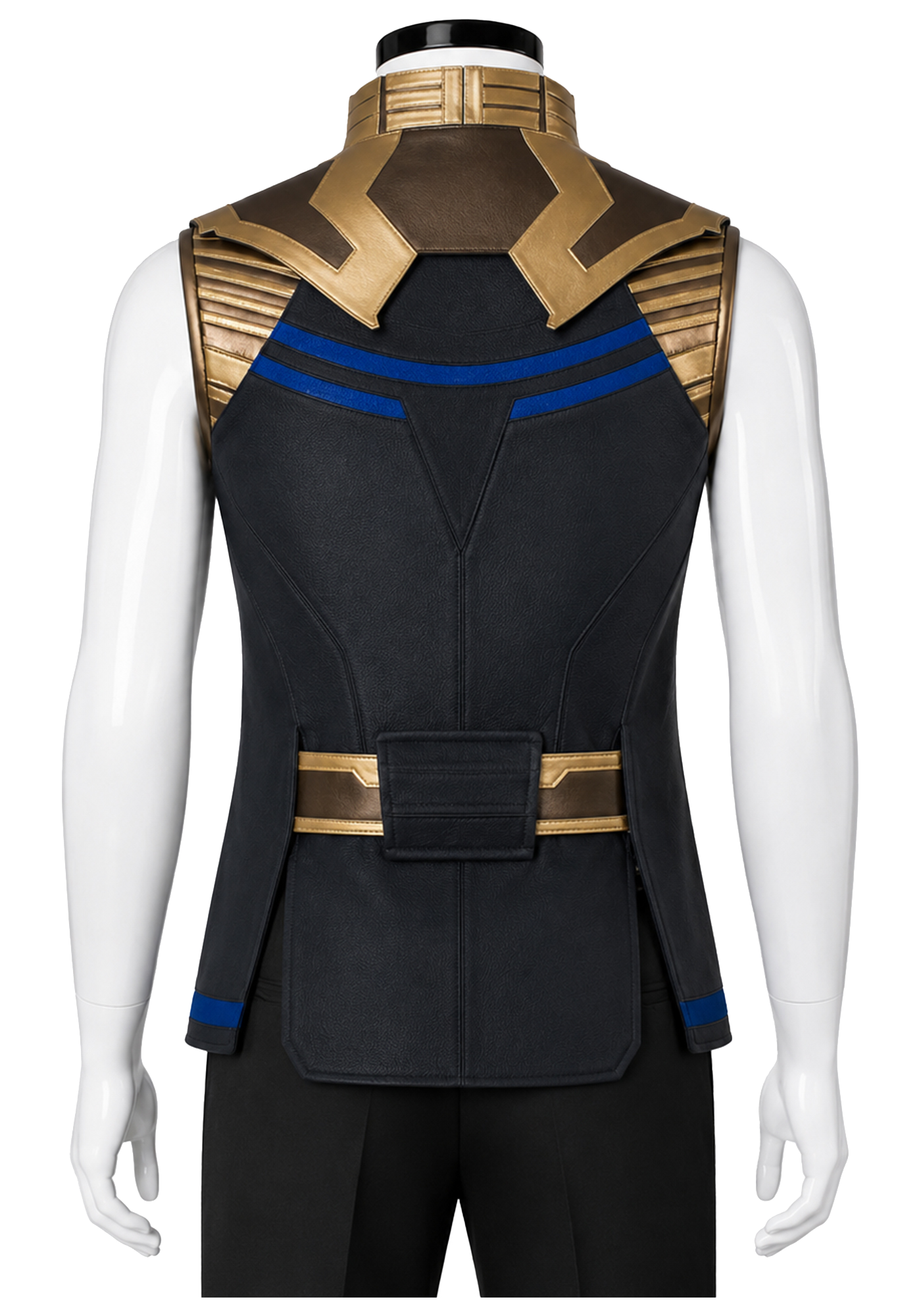 Black sleeveless Thanos-inspired vest with gold trim, blue bands, raised collar, angular front panels, and extended rear construction