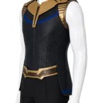 Black sleeveless Thanos-inspired vest with gold trim, blue bands, raised collar, angular front panels, and extended rear construction