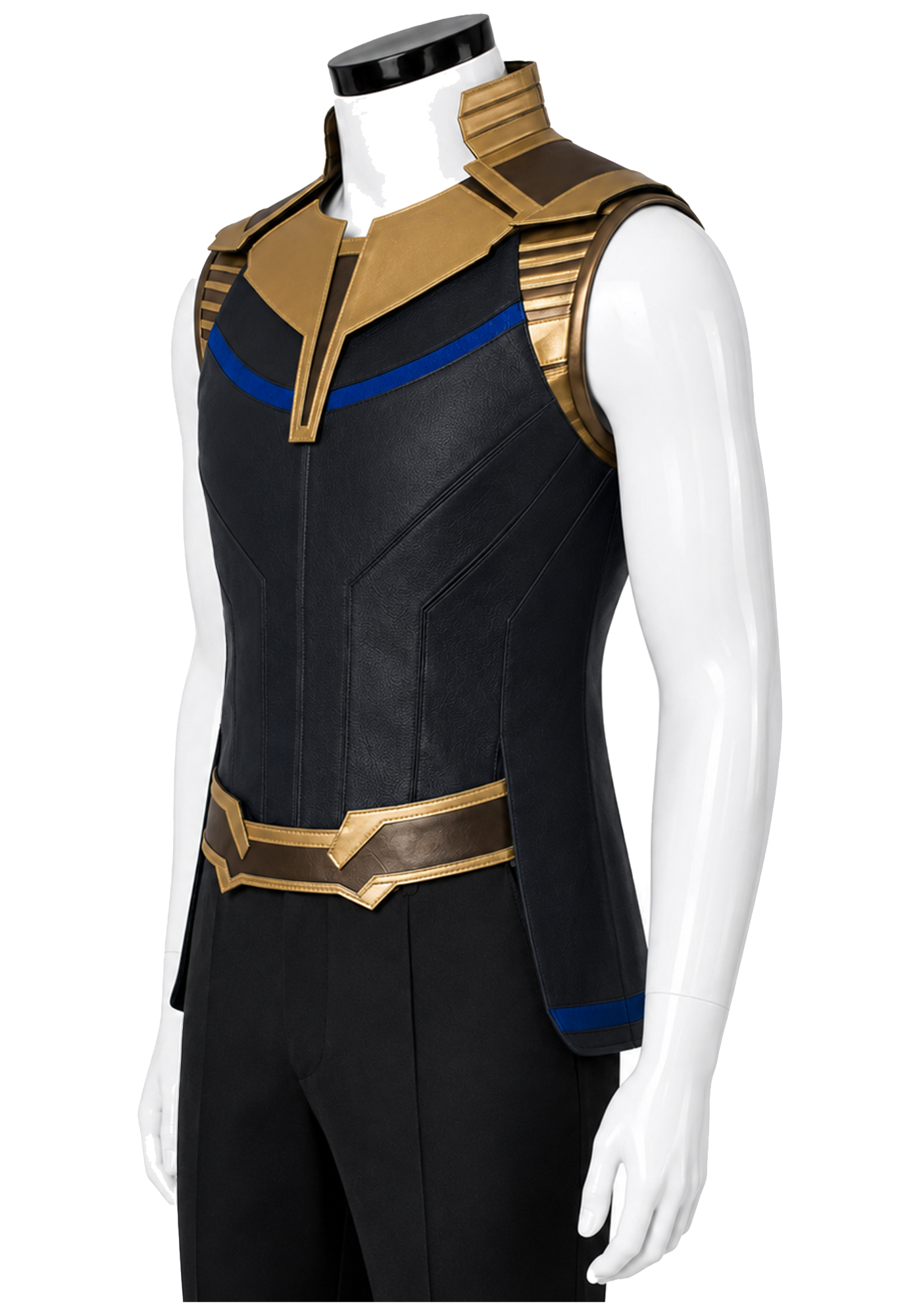 Black sleeveless Thanos-inspired vest with gold trim, blue bands, raised collar, angular front panels, and extended rear construction