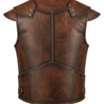 Distressed brown sleeveless Viking vest with plush collar, shoulder flaps, layered cross-front straps, buckles, and rear panel seams