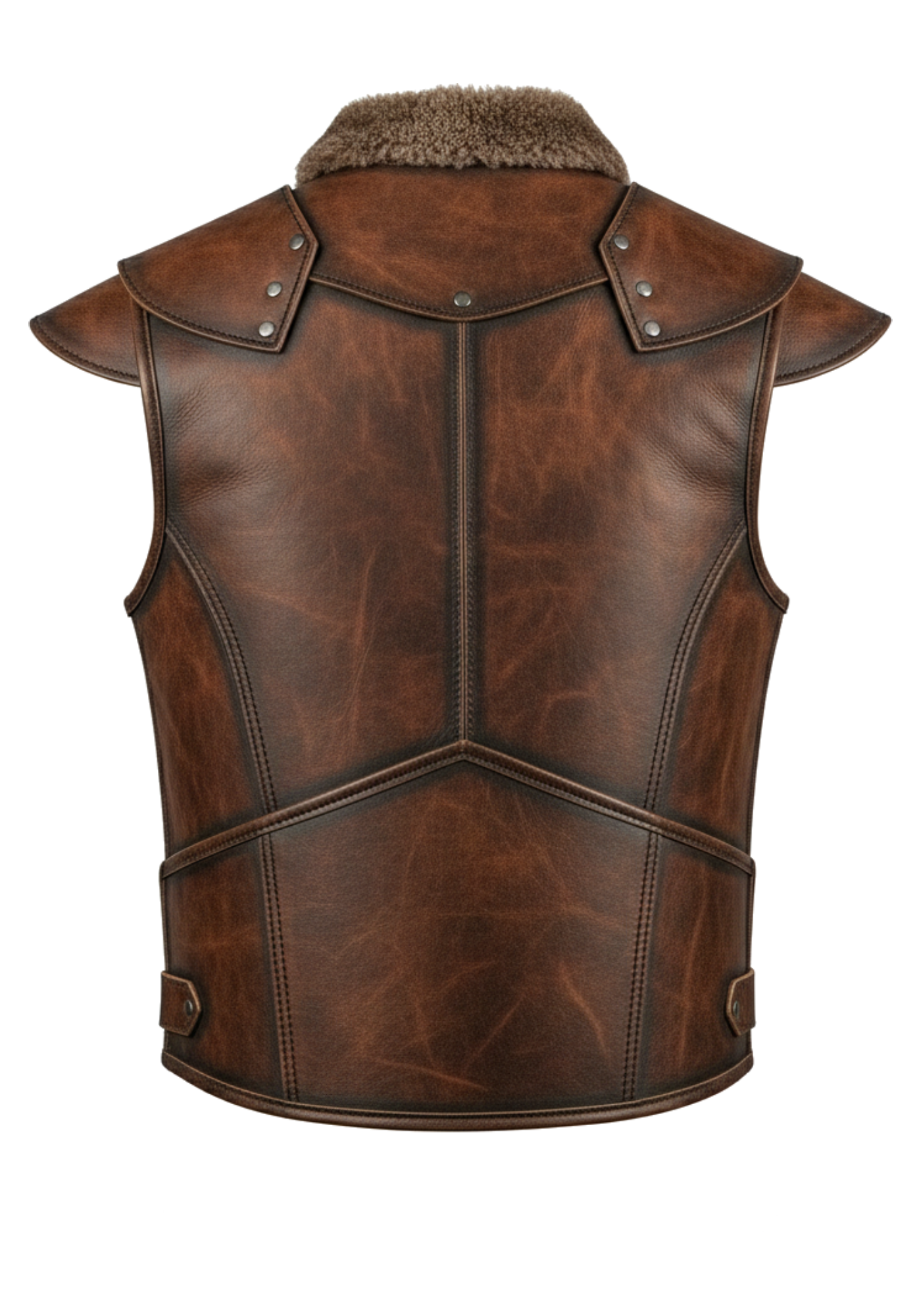 Distressed brown sleeveless Viking vest with plush collar, shoulder flaps, layered cross-front straps, buckles, and rear panel seams