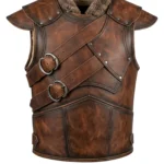 Distressed brown sleeveless Viking vest with plush collar, shoulder flaps, layered cross-front straps, buckles, and rear panel seams
